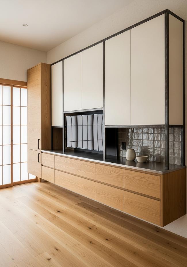 custom tv cabinet with straight grain, warm honey tone, oiled matte surface, visible but restrained grain pattern and 304 stainless steel structure