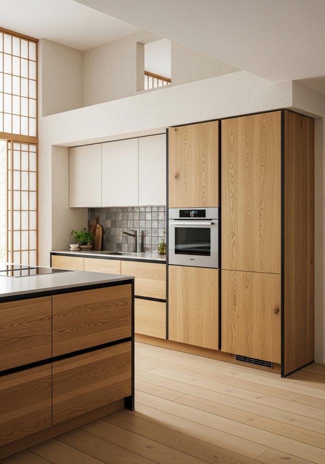 custom modern kitchen cabinet with straight grain, warm honey tone, oiled matte surface, visible but restrained grain pattern and 304 stainless steel structure