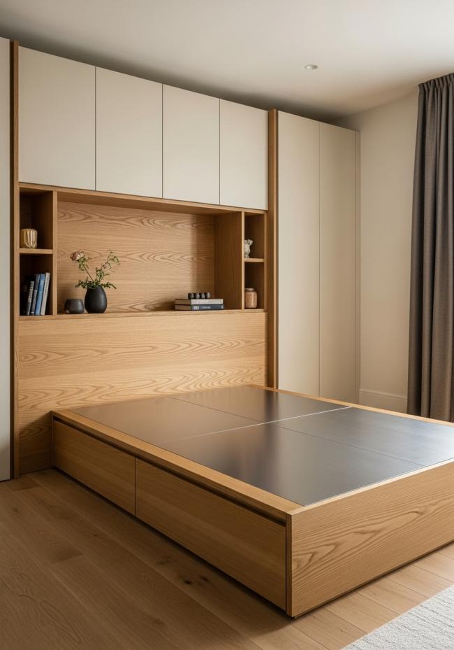 custom tatami bed showing full module layout and storage planning