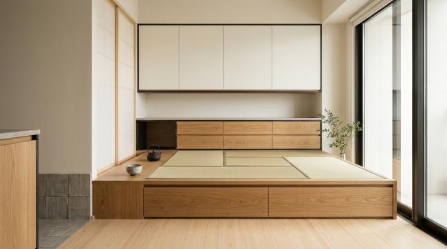 custom tatami bed installed for primary bedroom in contemporary japanese, scandinavian, or minimalist interiors; suitable for low-ceiling spaces seeking visual expansion; ideal for clients prioritizing material health and longevity over decorative excess with coordinated material palette
