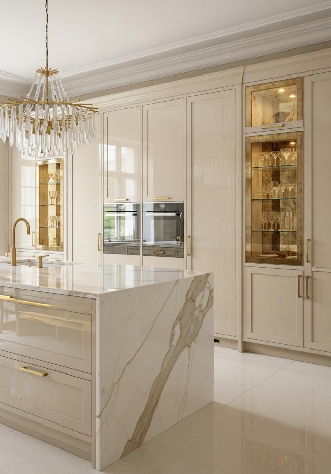 custom modern kitchen cabinet with warm reflective gold, mirror-quality on frame profiles, satin on panel faces and 304 stainless steel structure