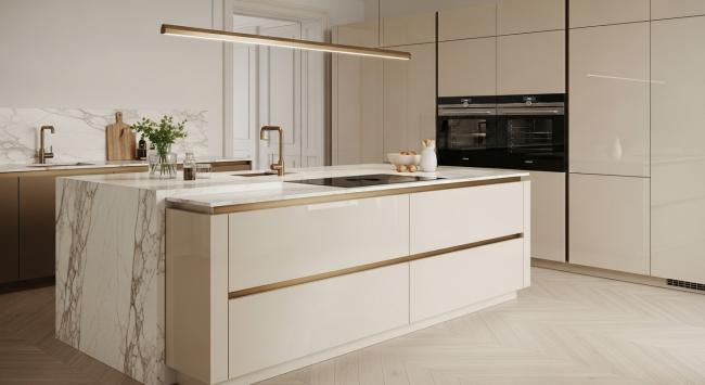 modern kitchen cabinet installed for statement kitchen islands for luxury residences, hospitality suites, and designer showrooms seeking warmth-driven metallic sophistication with coordinated material palette