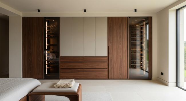 basement storage installed for climate-stable wine storage for 150-200 bottles in dual temperature zones; integrated storage for stemware, decanters, and service accessories; designed for basement installation with humidity resistance and thermal efficiency; suitable for residential wine rooms, entertainment level wet bars, and hospitality-inspired home entertaining spaces with coordinated material palette
