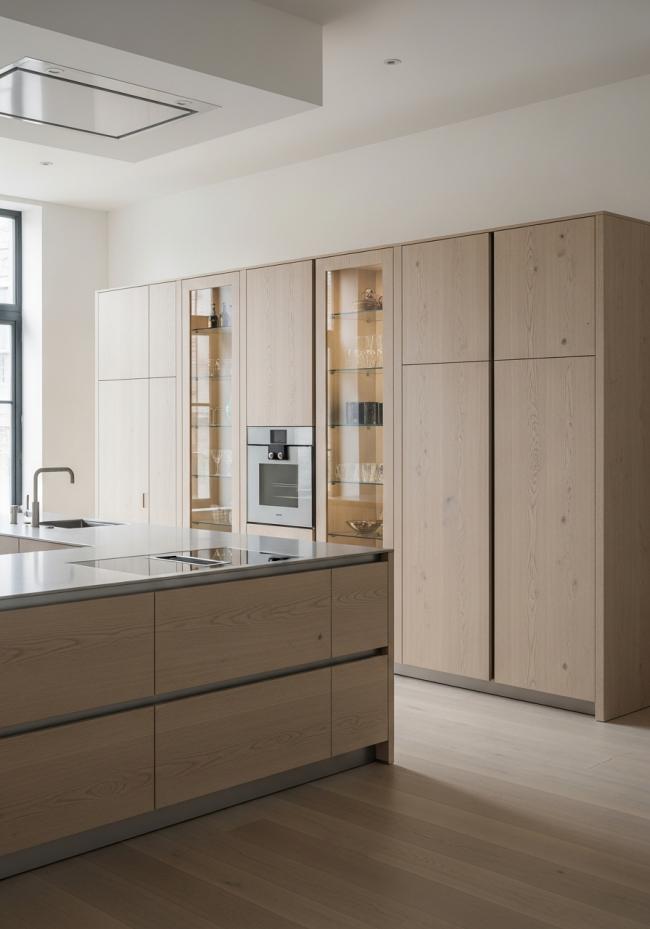 custom modern kitchen cabinet with quarter-sawn grain, ultra-matte surface, near-zero sheen, cool blonde tone and 304 stainless steel structure