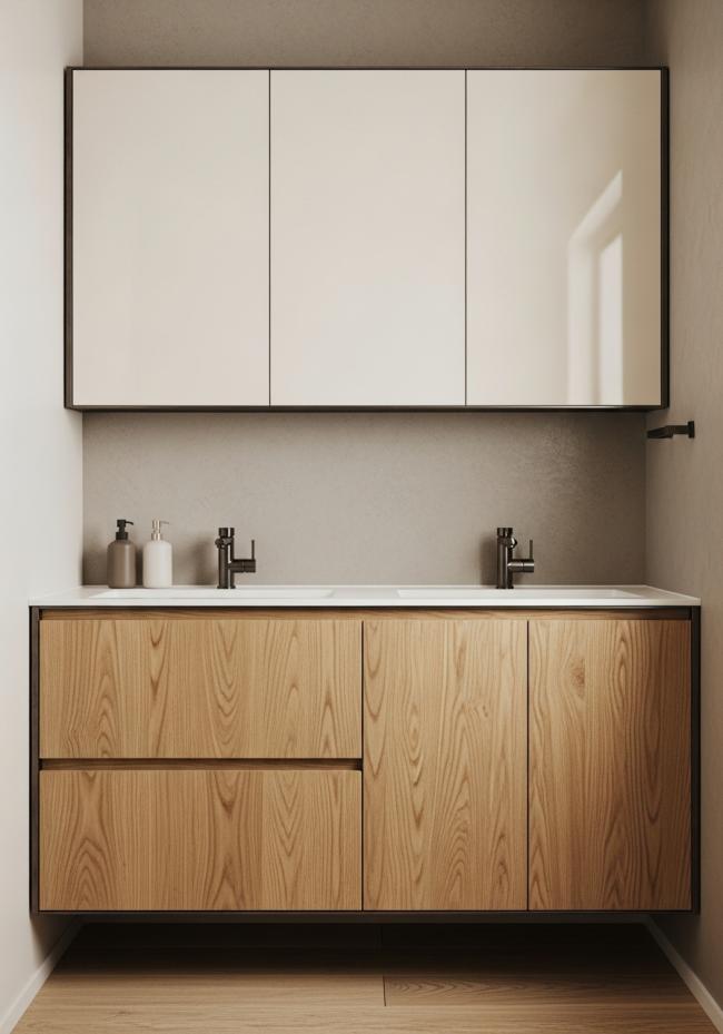 custom bathroom vanity cabinet with straight grain, warm honey tone, oiled matte surface, visible but restrained grain pattern and 304 stainless steel structure