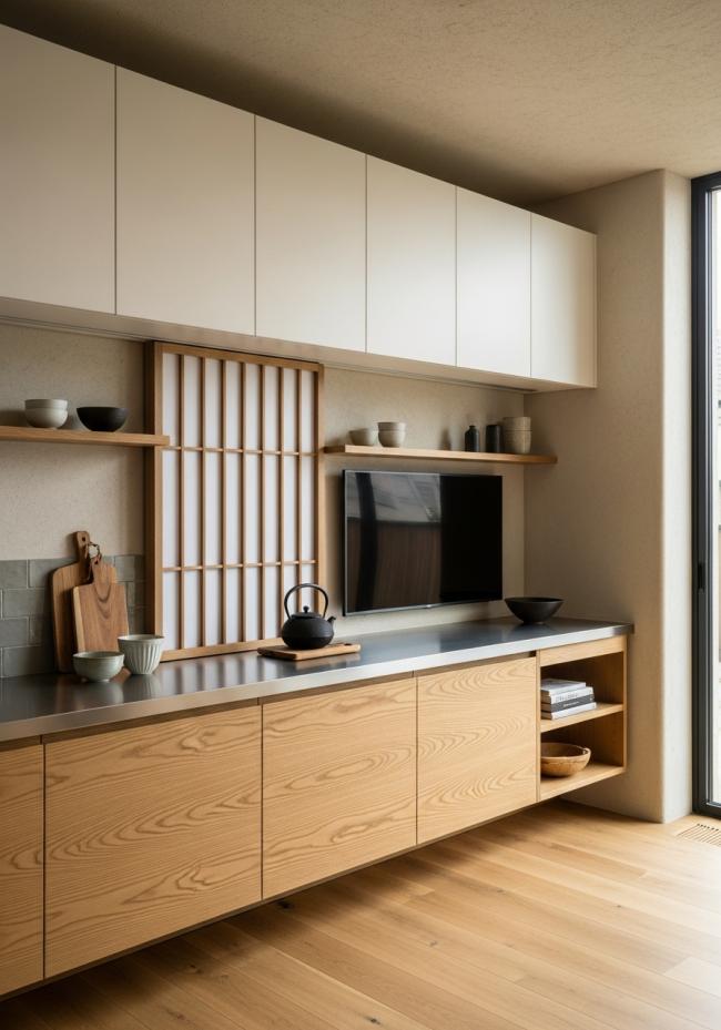 custom tv cabinet with straight grain, warm honey tone, oiled matte surface, visible but restrained grain pattern and 304 stainless steel structure