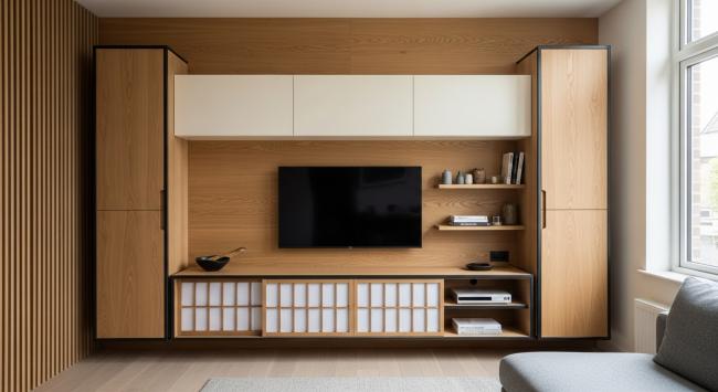 tv cabinet installed for primary living room media storage and display; accommodates up to 85" television; suitable for open-plan spaces, tatami-inspired rooms, and contemporary minimalist interiors seeking warmth without ornament with coordinated material palette
