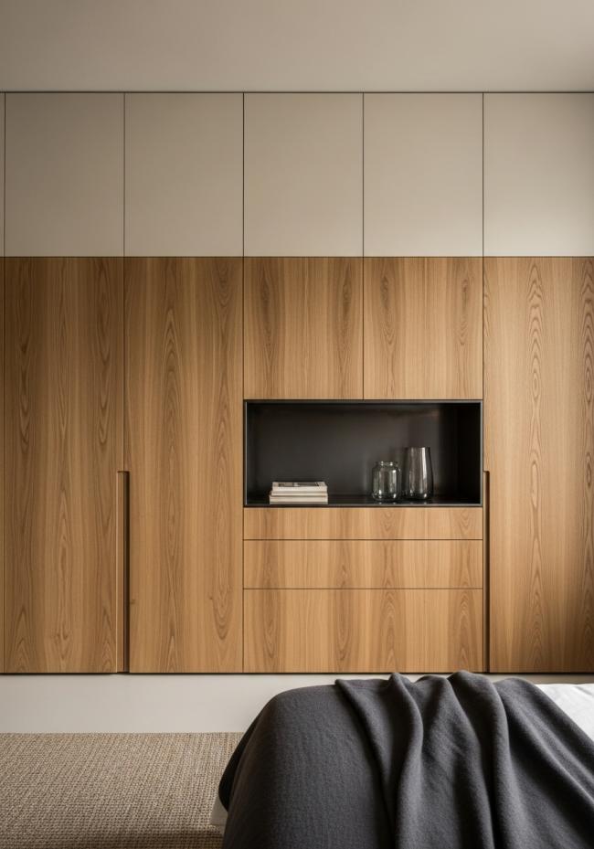 custom bedroom wardrobe with straight grain, warm honey tone, oiled matte surface, visible but restrained grain pattern and 304 stainless steel structure