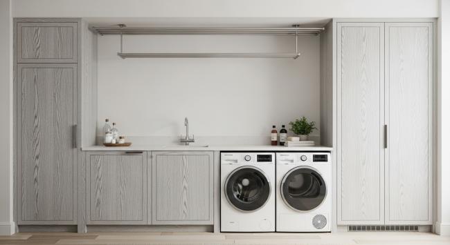 laundry room cabinet installed for residential laundry rooms in coastal or light-filled homes; secondary mudroom and utility spaces; vacation properties prioritizing durability with natural material expression with coordinated material palette