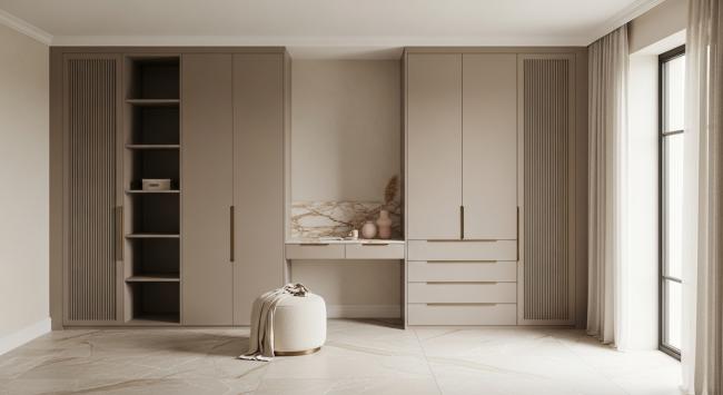 kids room wardrobe installed for children's bedroom wardrobe for ages 3-12, designed to transition through childhood with timeless aesthetic; suitable for boutique hotels' family suites and premium residential projects with coordinated material palette