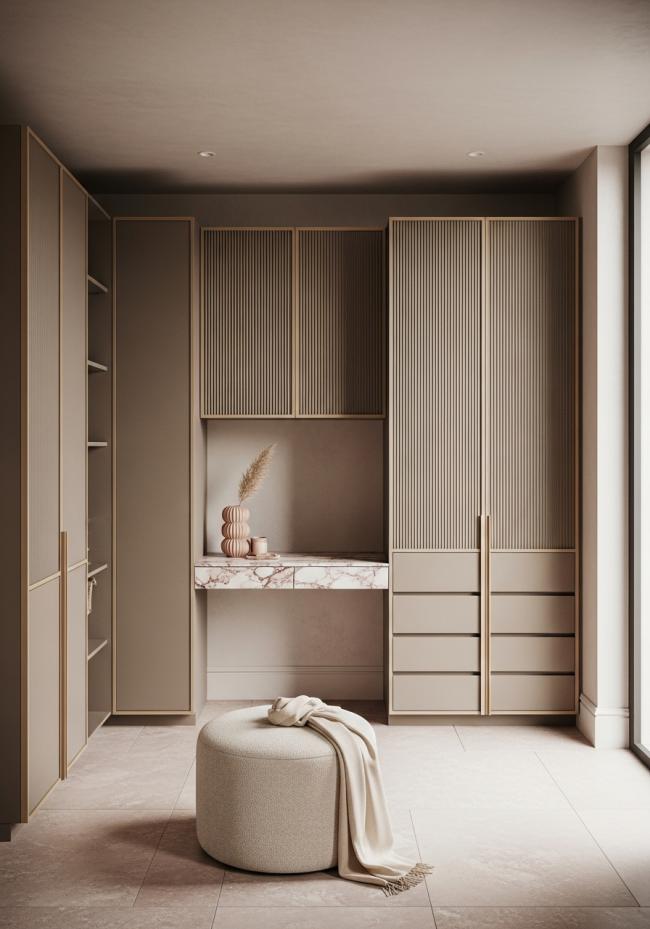 custom kids room wardrobe with steel-based wardrobe panels with matte taupe lacquer finish and 304 stainless steel structure