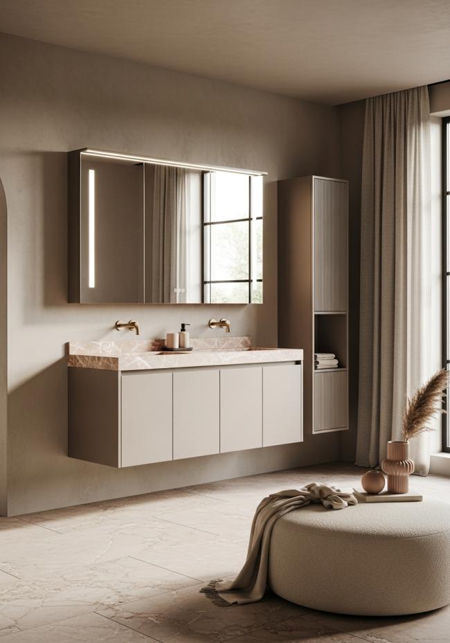 custom bathroom vanity cabinet with steel-based wardrobe panels with matte taupe lacquer finish and 304 stainless steel structure