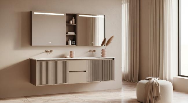 bathroom vanity cabinet installed for primary bathroom vanities, boutique hotel guest bathrooms, wellness spa environments, feminine-leaning residential developments with coordinated material palette