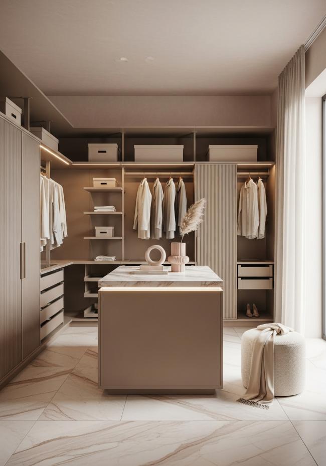 custom custom walk-in closet with steel-based wardrobe panels with matte taupe lacquer finish and 304 stainless steel structure