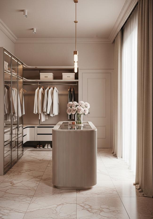 custom walk-in closet showing full module layout and storage planning