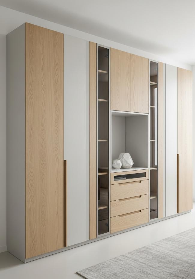 custom bedroom wardrobe with quarter-sawn grain, ultra-matte surface, near-zero sheen, cool blonde tone and 304 stainless steel structure