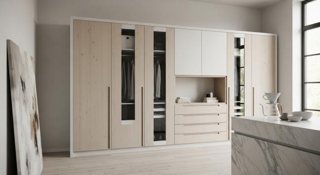 bedroom wardrobe installed for primary bedroom walk-in wardrobe, dressing room, luxury residential closet system, architect-specified bedroom storage with coordinated material palette