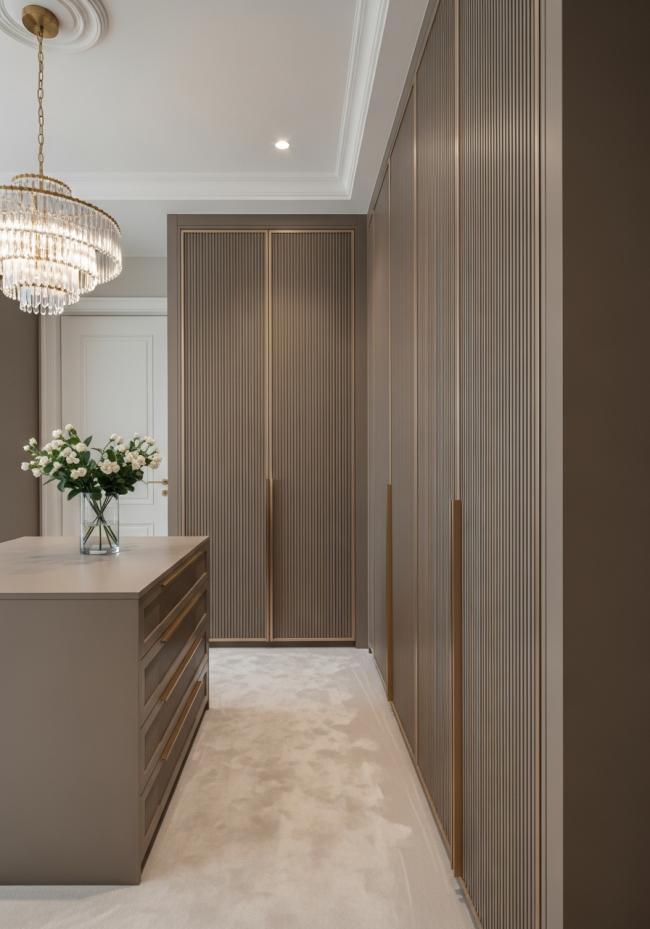 custom walk-in closet showing full module layout and storage planning