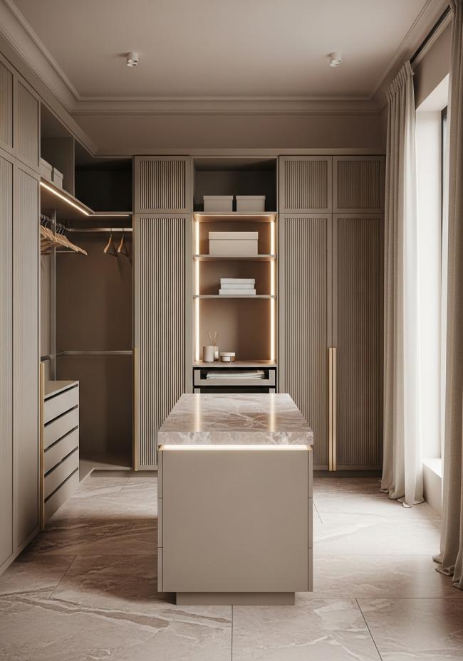 custom custom walk-in closet with steel-based wardrobe panels with matte taupe lacquer finish and 304 stainless steel structure