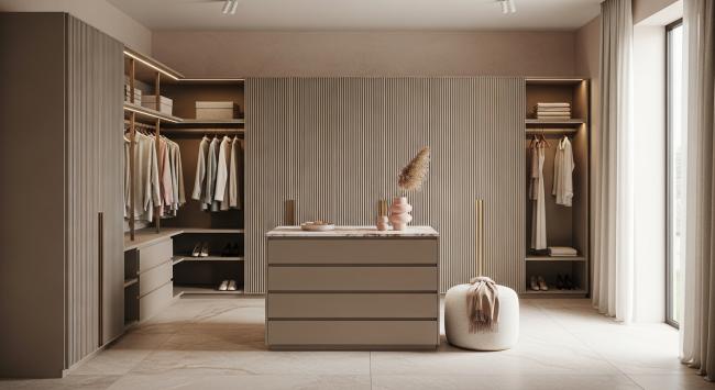 custom walk-in closet installed for primary walk-in closet for master suites; luxury residential dressing rooms; boutique hotel suites; high-end residential developments with coordinated material palette