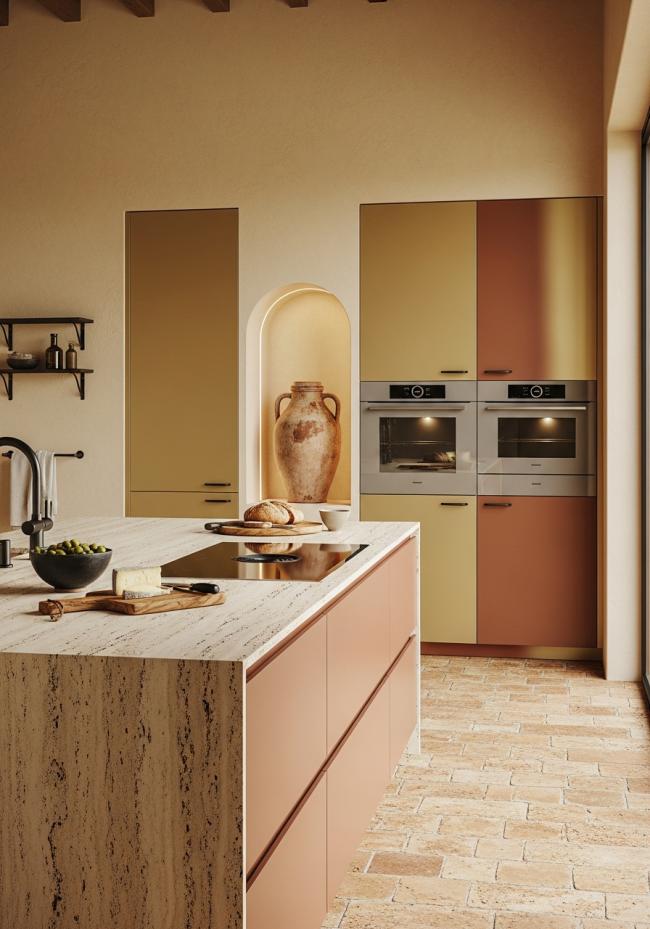 custom modern kitchen cabinet with soft yellow-warm metallic, satin brushed, subtle and not flashy and 304 stainless steel structure