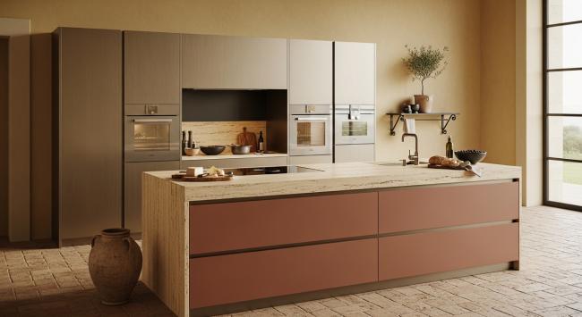 modern kitchen cabinet installed for central kitchen island for open-concept mediterranean, spanish revival, or warm contemporary homes; primary prep station with integrated display and concealed storage with coordinated material palette