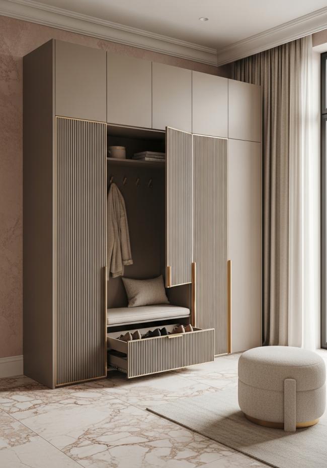 custom shoe storage cabinet with steel-based wardrobe panels with matte taupe lacquer finish and 304 stainless steel structure
