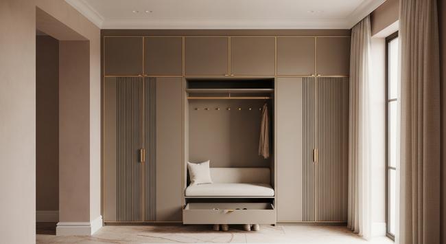 shoe storage cabinet installed for residential entryway, mudroom, bedroom dressing area, hospitality boutique spaces with coordinated material palette