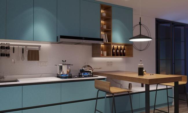Vibrant European-Style Kitchen Cabinet With Sleek Design And Bold Lake Blue Doors - interior organization