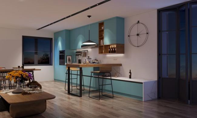 Vibrant European-Style Kitchen Cabinet With Sleek Design And Bold Lake Blue Doors - feature detail