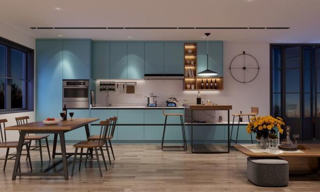 Vibrant European-Style Kitchen Cabinet With Sleek Design And Bold Lake Blue Doors - Wood Grain / White / Black with kitchen cabinet overview
