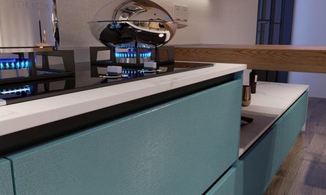 Vibrant European-Style Kitchen Cabinet With Sleek Design And Bold Lake Blue Doors - the collectionâs European-inspired single-line kitchen cabinet design with room context