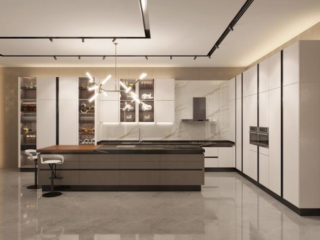 Sleek , Durable , And Customizable Stainless Steel Kitchen Masterpiece - Black stone countertop with feature detail