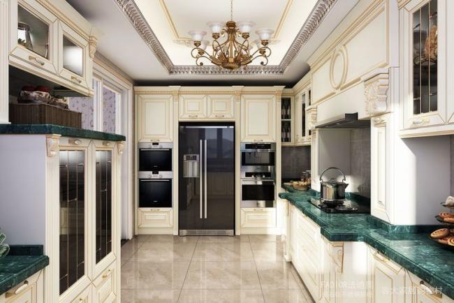 Opulent and Refined Custom Stainless Steel Kitchen Cabinetry with Deep Green Marble Countertop and Soft-Close Doors - Cream-colored finish with intricate detailing and subtle gold accents, offering a refined, classic look that with kitchen cabinet overview