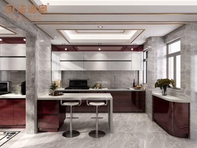 Sleek, Durable, And Minimalist Stainless Steel Kitchen Cabinetry With Elegant Redwood And Quartz Accents - White quartz countertop with feature detail