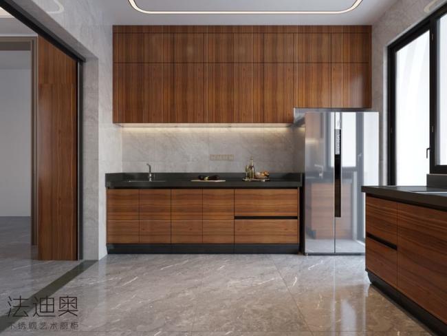 Luxurious, Refined, And Resilient Light Brown Wood Grain Stainless Steel Cabinetry - This cabinetry system features light brown horizontal wood grain doors