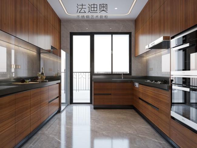 Luxurious, Refined, And Resilient Light Brown Wood Grain Stainless Steel Cabinetry - kitchen cabinet overview