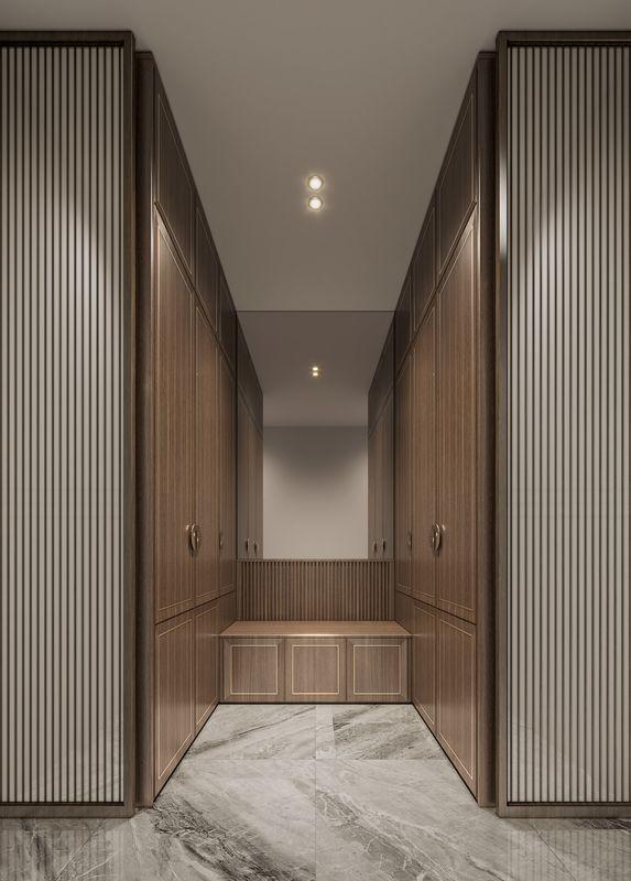 Elegant Light Brown Wood Grain Wardrobe With Yellow Accents And Rich Dark Wood Contrast - Modern with feature detail