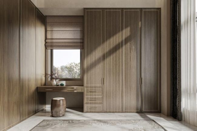 Elegant Light Brown Wood Grain Wardrobe With Yellow Accents And Rich Dark Wood Contrast - wardrobe overview