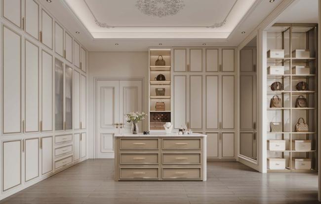 Durable Elegantly Crafted Custom Walk In Closet With Refined Gold Detailing - The Fadior wardrobe offers a range of customization options, from shelving configurations to handle styles with feature detail