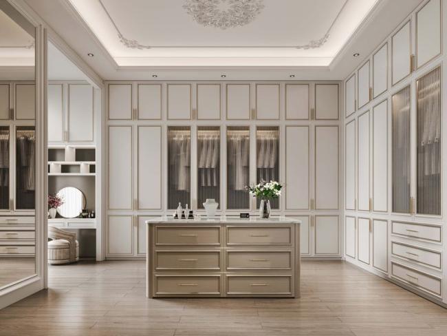 Durable Elegantly Crafted Custom Walk In Closet With Refined Gold Detailing - interior organization