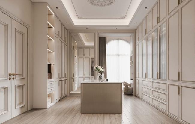Durable Elegantly Crafted Custom Walk In Closet With Refined Gold Detailing - White with wardrobe overview