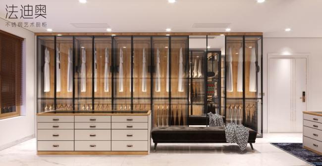 Robust Expansive Stainless Steel Open Walk In Closet With Glass Doors - Details with room context
