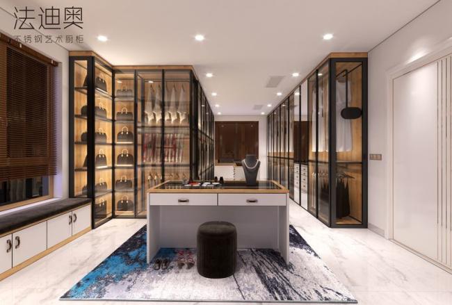Robust Expansive Stainless Steel Open Walk In Closet With Glass Doors - Modern with feature detail