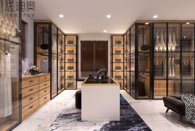 Robust Expansive Stainless Steel Open Walk In Closet With Glass Doors - interior organization