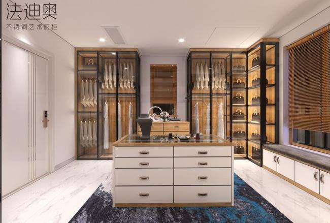 Robust Expansive Stainless Steel Open Walk In Closet With Glass Doors - wardrobe overview