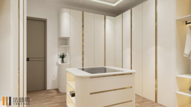 Fadior Modern Walk In Closet High End Stainless Steel Dressing Room Formaldehyde Free - Premium stainless steel with a white finish and gold accents, offering a with room context