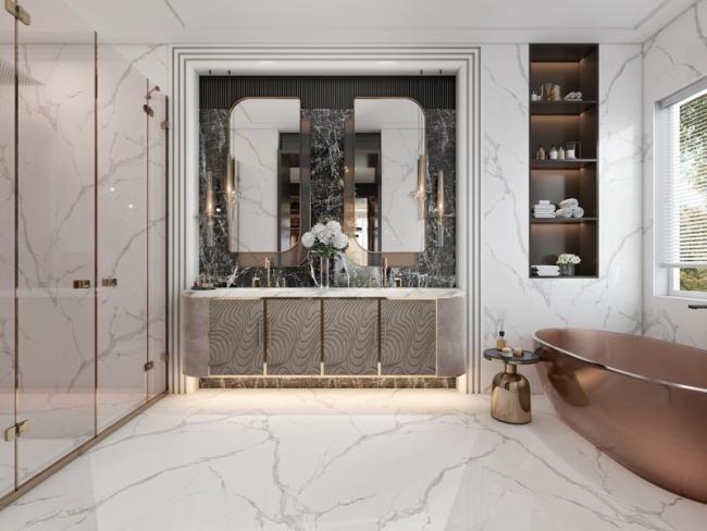 Luxurious Metal Sink Vanity Exquisite Marble Top Modern Bathroom Cabinet - interior organization