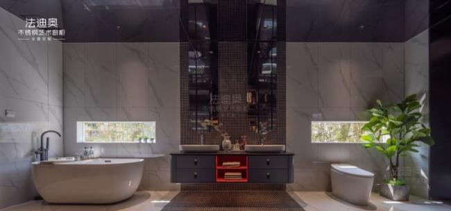Matte Finish Stainless Steel Bathroom Sink Vanity Cabinet With Blue Gray And Red Accents - Gray / Blue with bathroom vanity overview