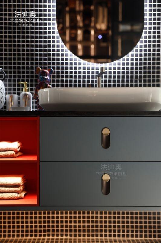 Matte Finish Stainless Steel Bathroom Sink Vanity Cabinet With Blue Gray And Red Accents - Blue gray with striking red accents, offering a bold, contemporary look